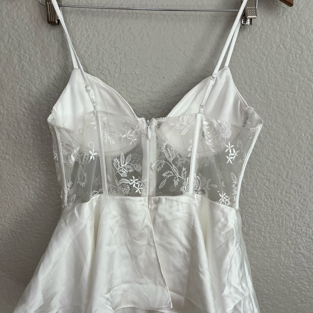 Iconic Adoration White Satin Peplum Sheer Bustier Maxi Dress - Picture 6 of 12